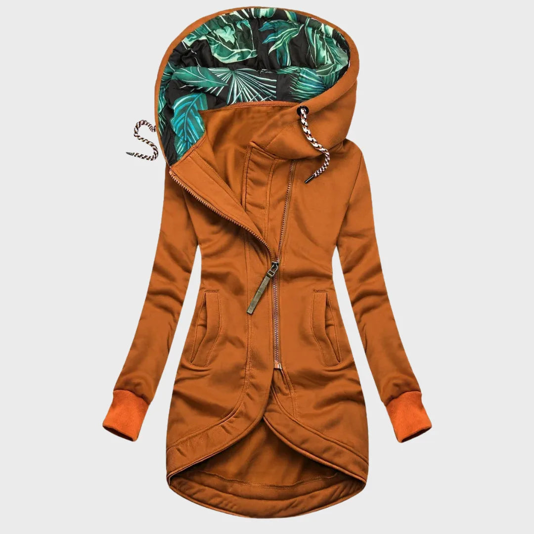 Women's hooded winter jacket with curved hem, orange, front view