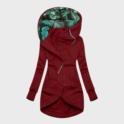 Women's hooded winter jacket with curved hem, red, front view