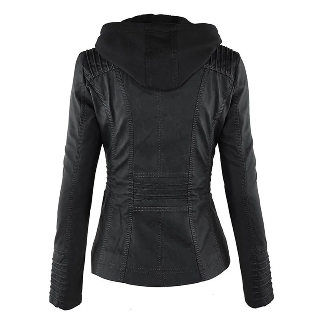 Women's hooded zip-up biker jacket with pockets, black, back view