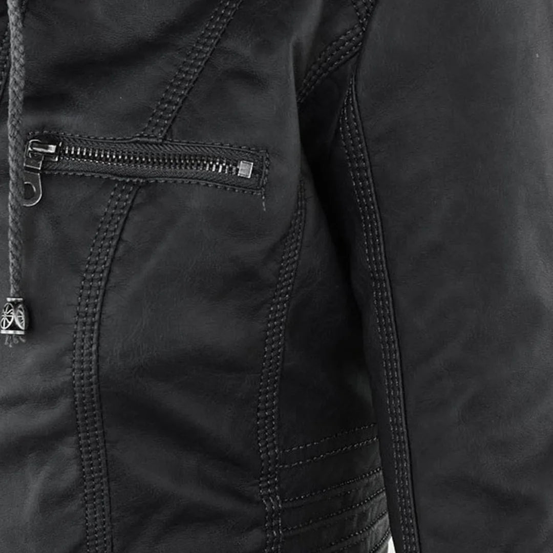 Women's hooded zip-up biker jacket with pockets, black, close-up of the pocket