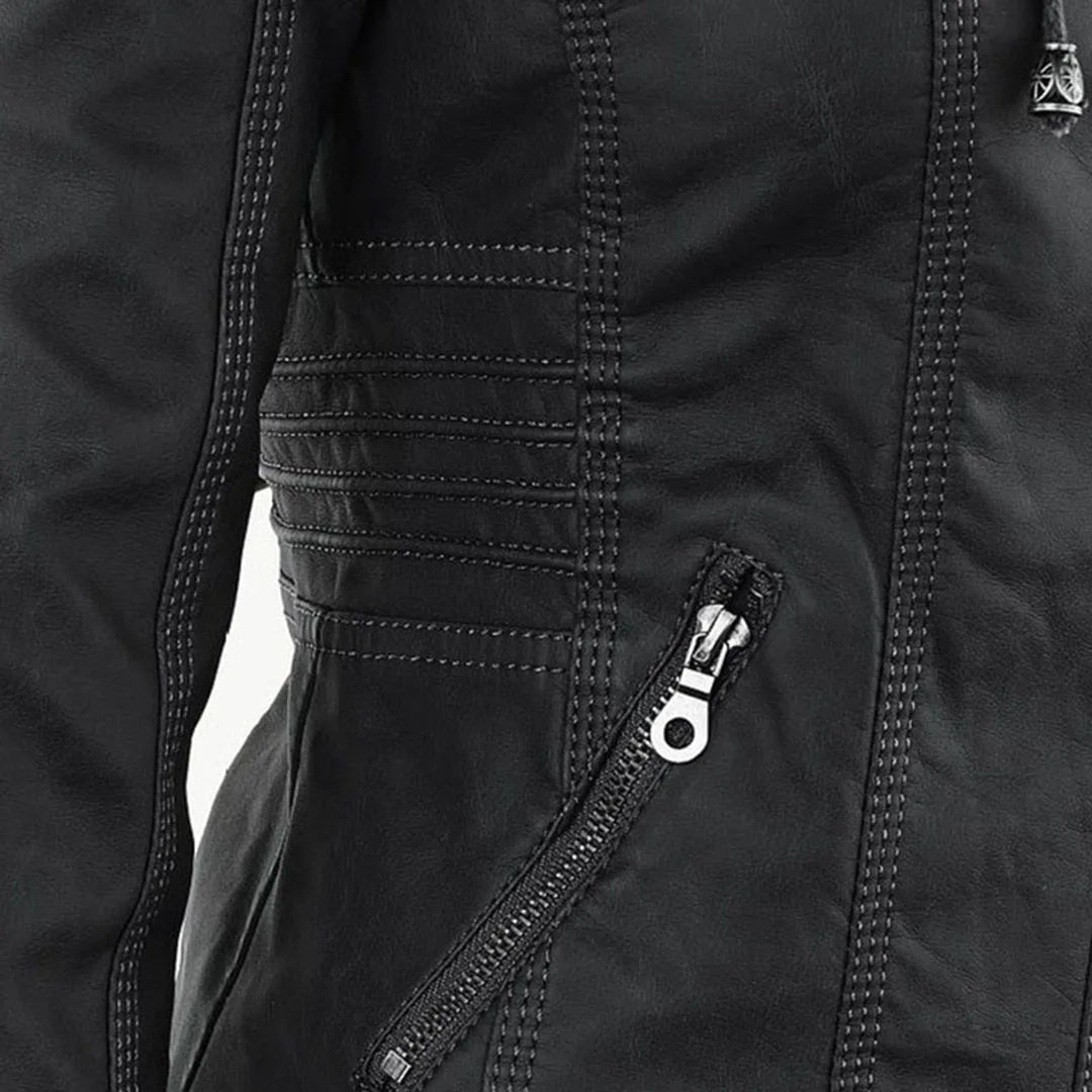 Women's hooded zip-up biker jacket with pockets, black, close-up of the zip pocket