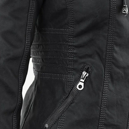 Women's hooded zip-up biker jacket with pockets, black, close-up of the zip pocket