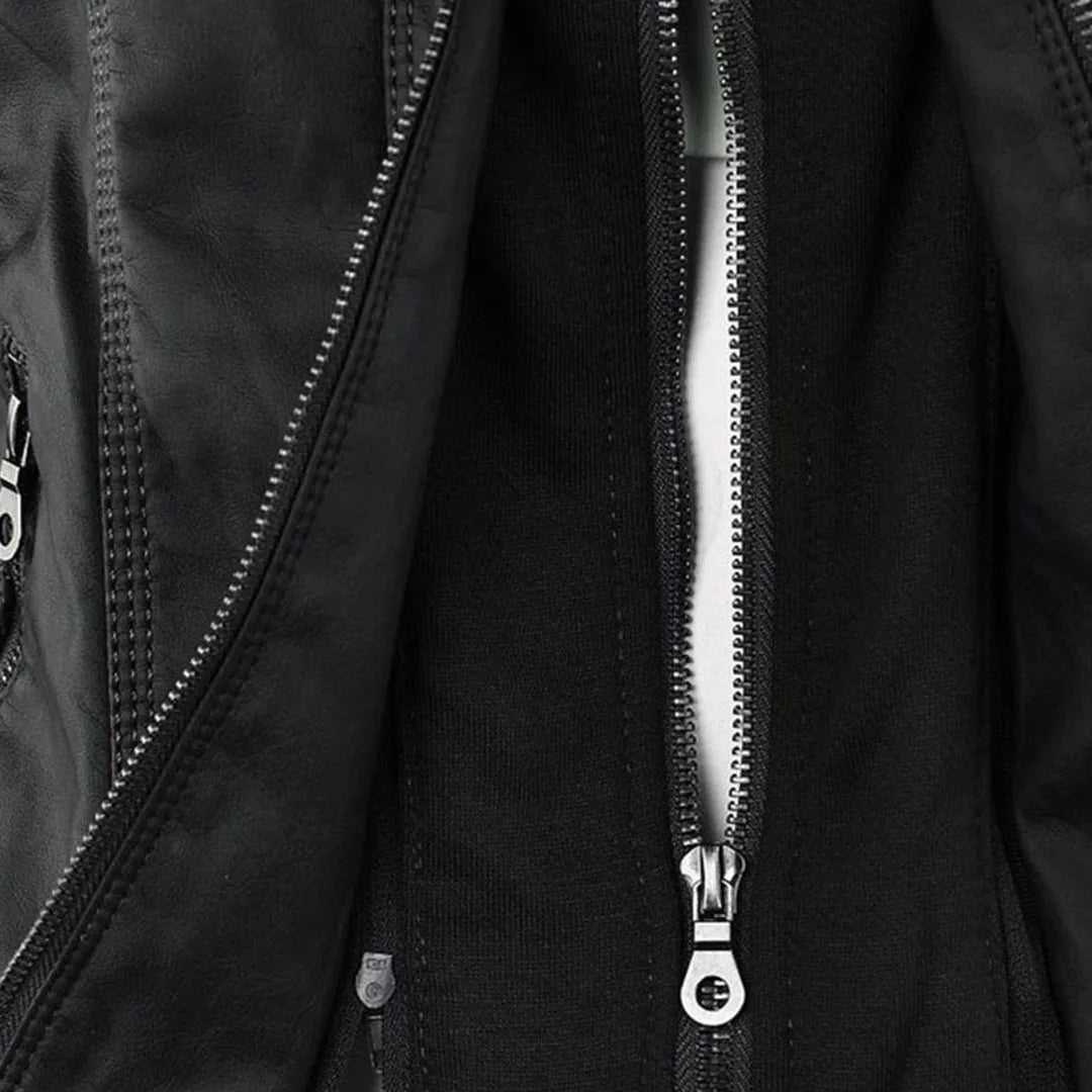 Women's hooded zip-up biker jacket with pockets, black, close-up of the zip