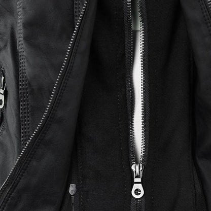 Women's hooded zip-up biker jacket with pockets, black, close-up of the zip