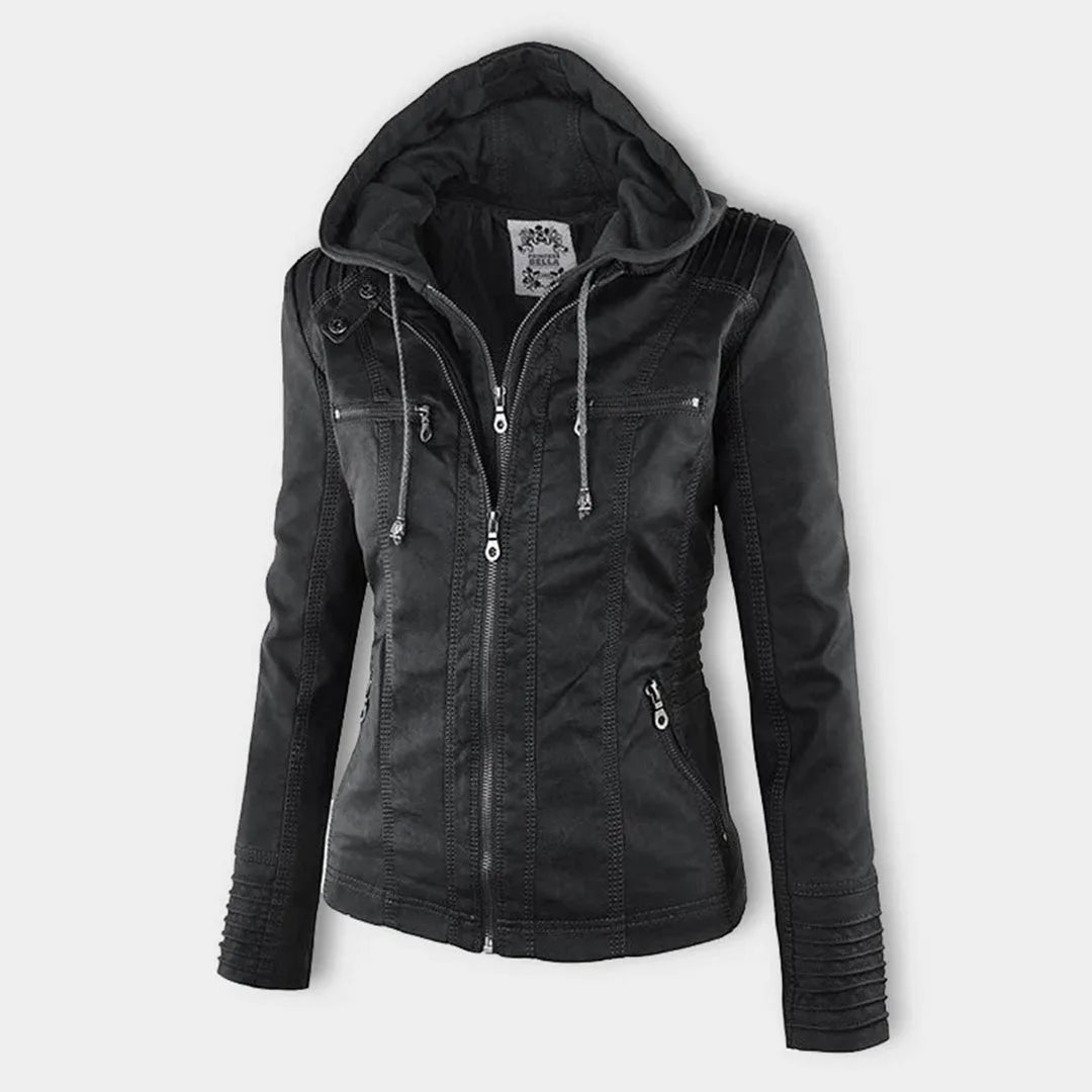 Women's hooded zip-up biker jacket with pockets, black, front view