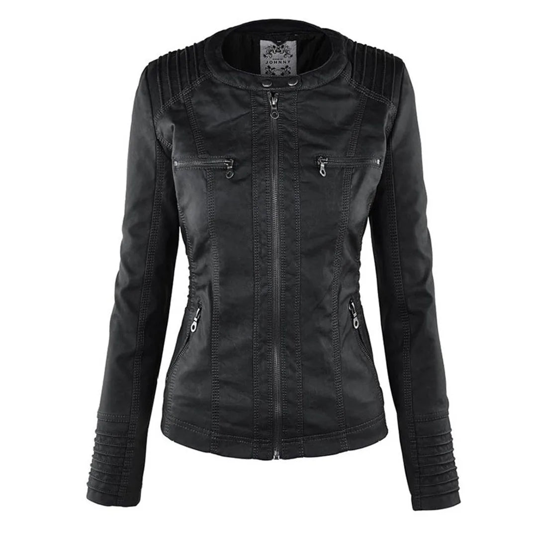 Women's hooded zip-up biker jacket with pockets, black, front view without the hood