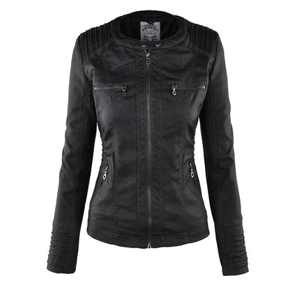 Women's hooded zip-up biker jacket with pockets, black, front view without the hood