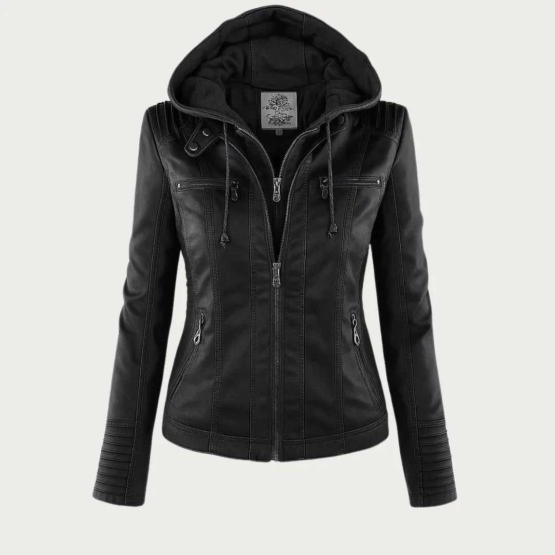 Women's hooded zip-up biker jacket with pockets, black, front view