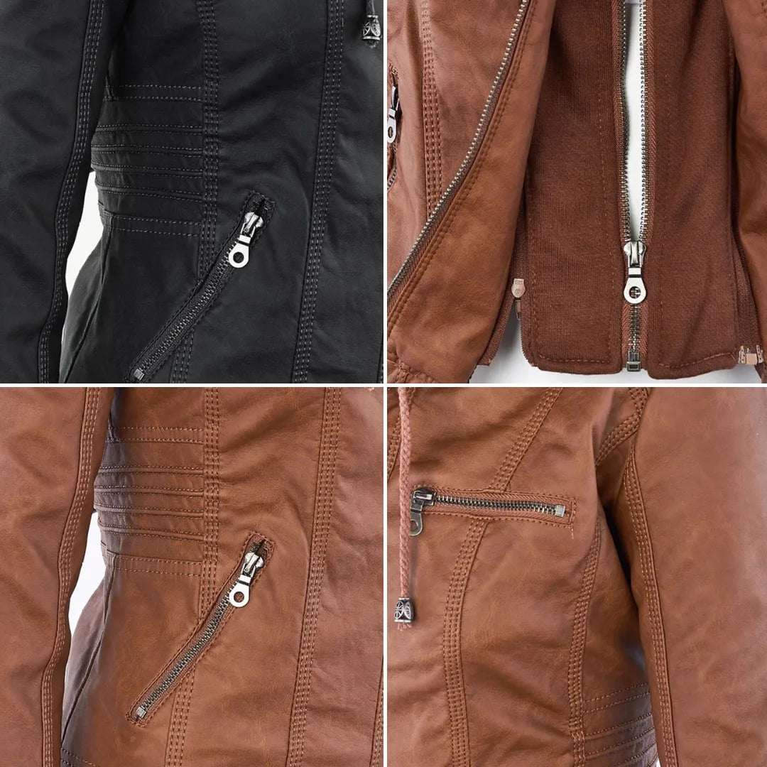 Women's hooded zip-up biker jacket with pockets, Color options and details