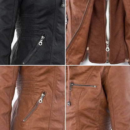 Women's hooded zip-up biker jacket with pockets, Color options and details