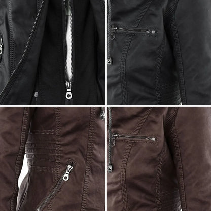 Women's hooded zip-up biker jacket with pockets, Color options and details
