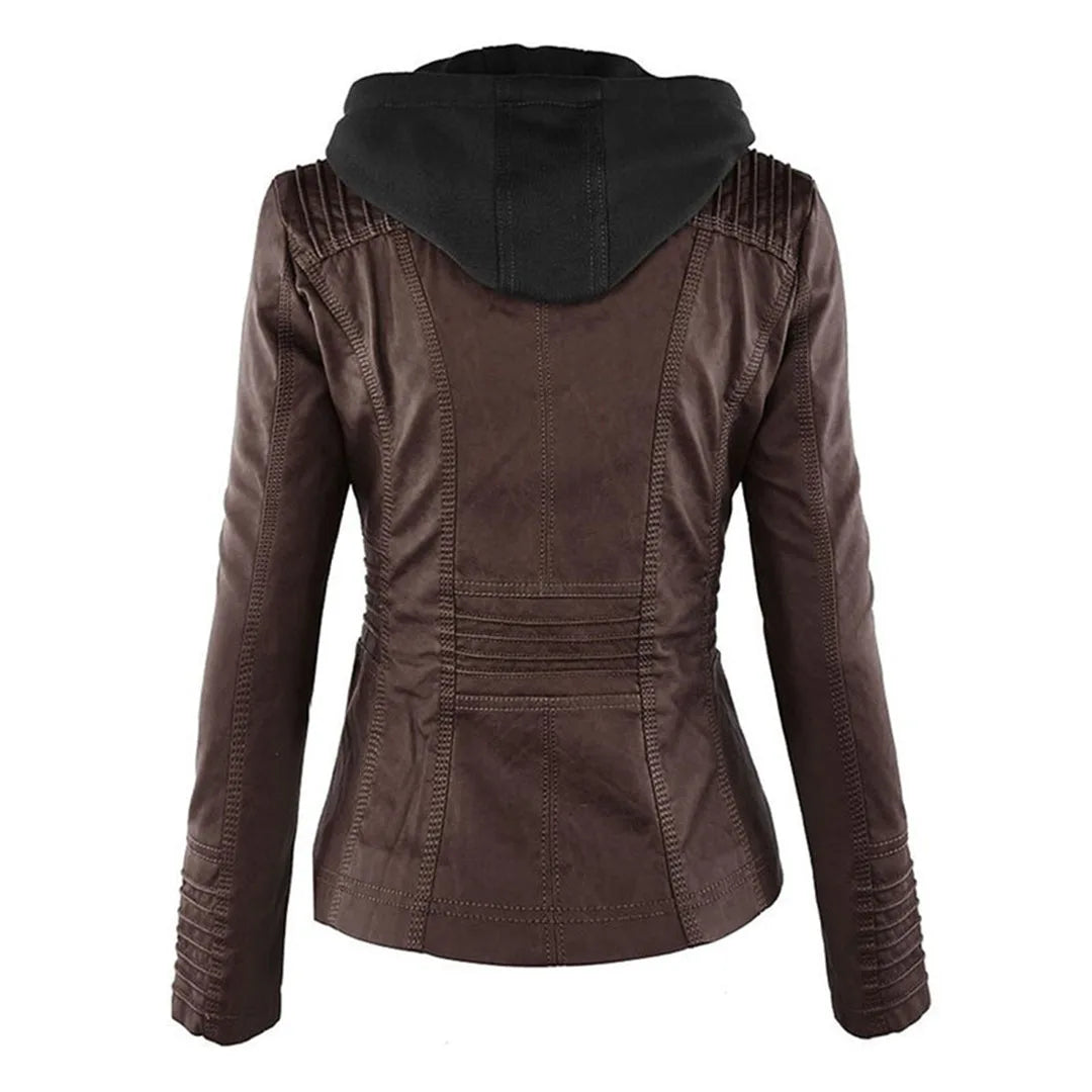 Women's hooded zip-up biker jacket with pockets, dark brown, back view