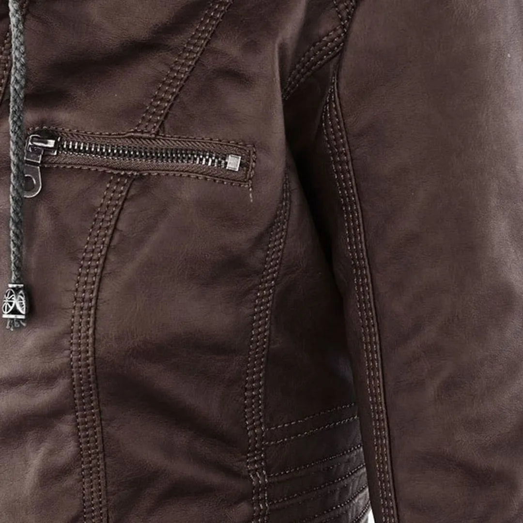 Women's hooded zip-up biker jacket with pockets, dark brown, close-up of the stitching
