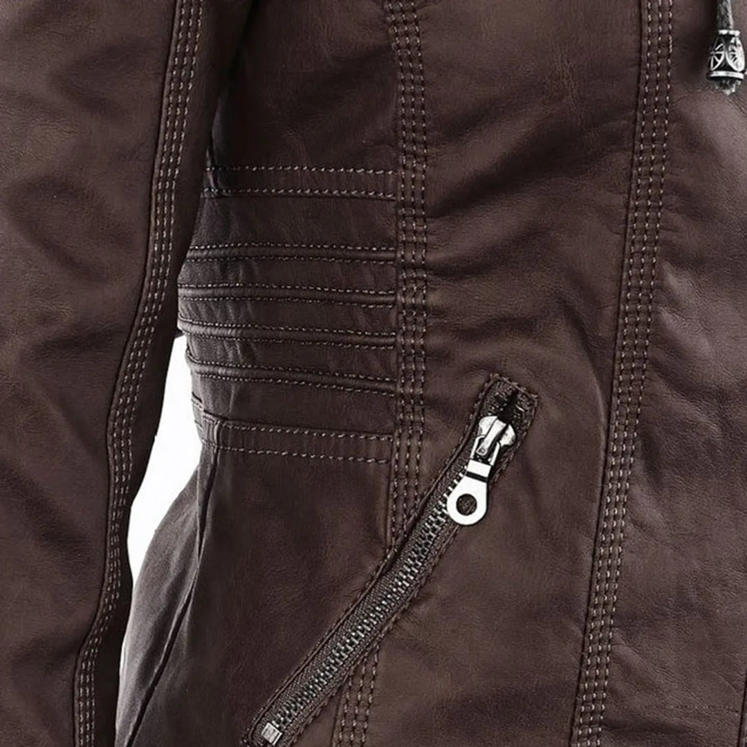 Women's hooded zip-up biker jacket with pockets, dark brown, close-up of the zip pocket