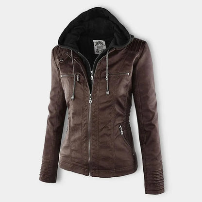 Women's hooded zip-up biker jacket with pockets, dark brown, front view