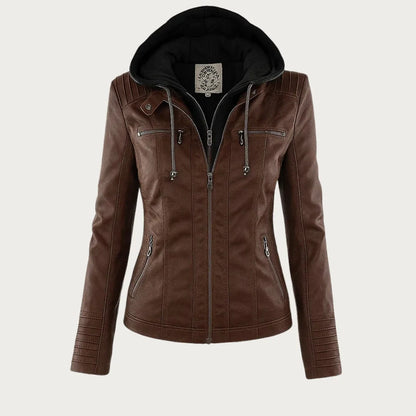 Women's hooded zip-up biker jacket with pockets, dark brown, front view
