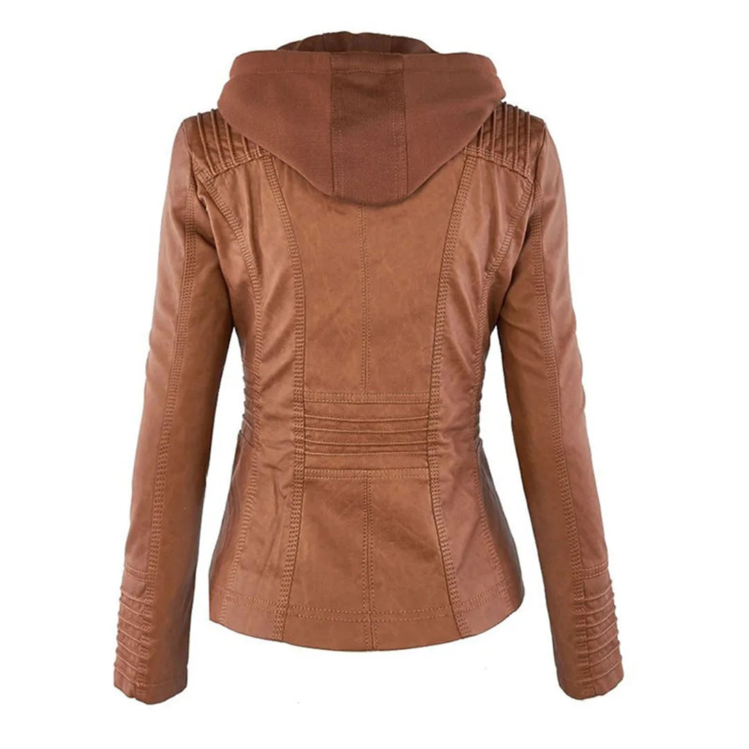 Women's hooded zip-up biker jacket with pockets, light brown, back view