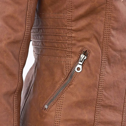 Women's hooded zip-up biker jacket with pockets, light brown, close-up of the pocket and stitching