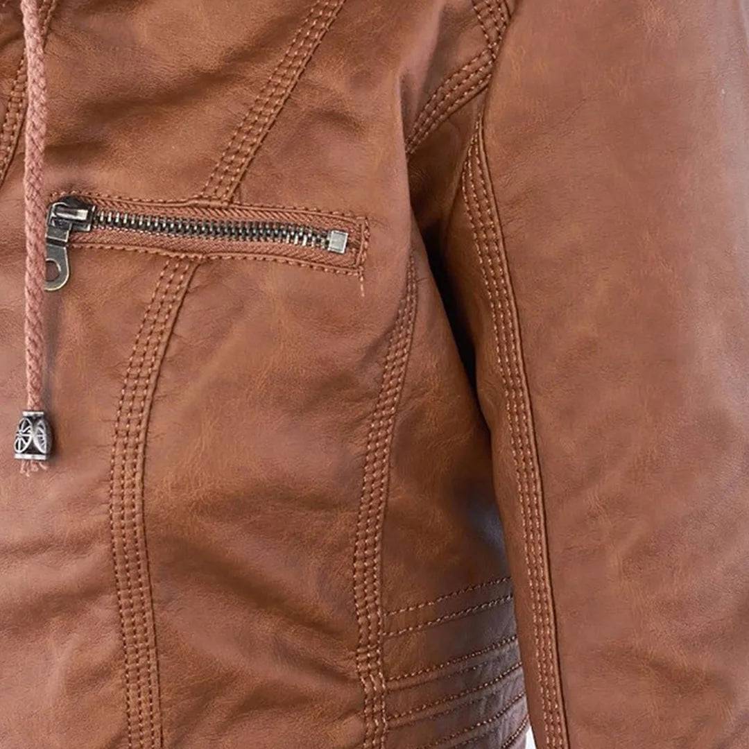 Women's hooded zip-up biker jacket with pockets, light brown, close-up of the zip pocket