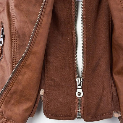 Women's hooded zip-up biker jacket with pockets, light brown, close-up of the zip