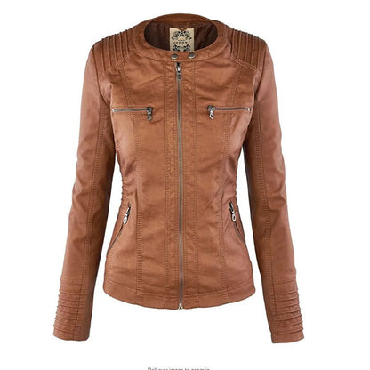 Women's hooded zip-up biker jacket with pockets, light brown, front view without the hood