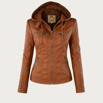 Women's hooded zip-up biker jacket with pockets, light brown, front view