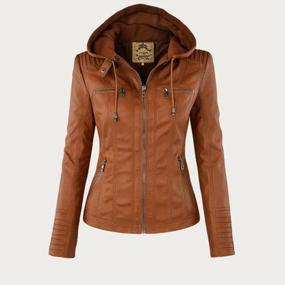 Women's hooded zip-up biker jacket with pockets, light brown, front view