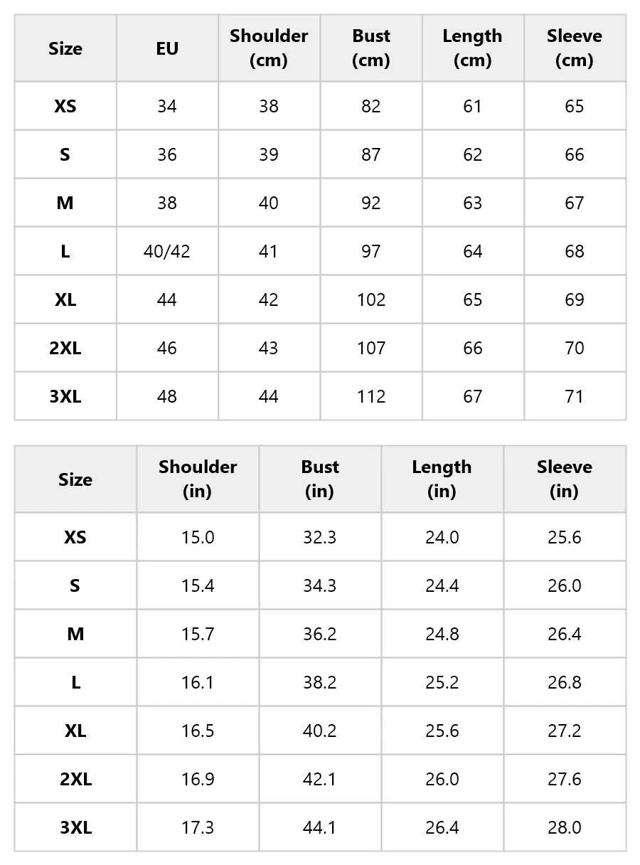 Size chart for the hooded zip-up biker jacket with pockets