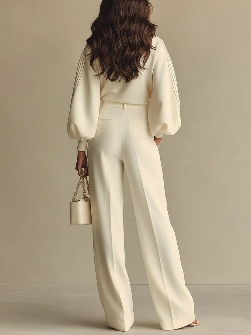 Women's ivory round-neck top and wide-leg trousers set, back view