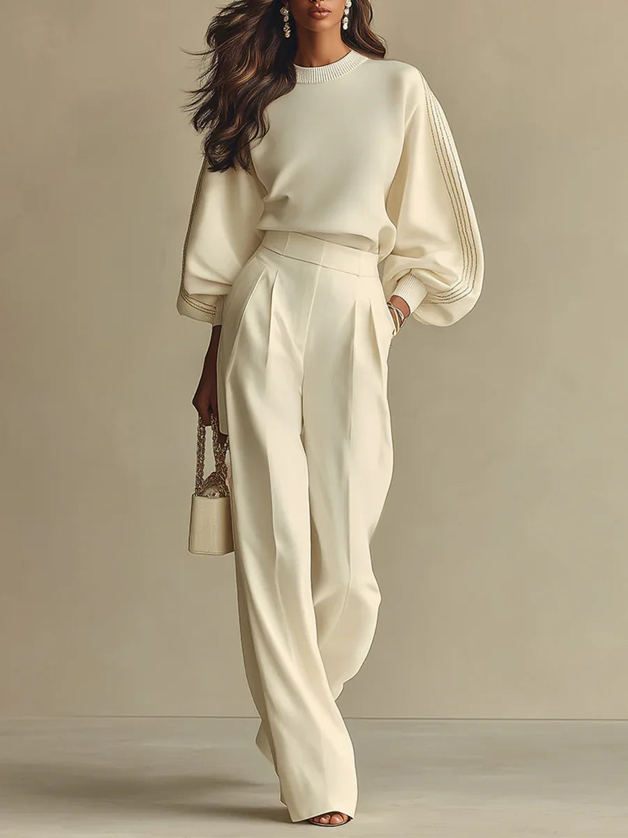 Women's ivory round-neck top and wide-leg trousers set, front view