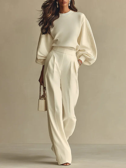 Women's ivory round-neck top and wide-leg trousers set, front view