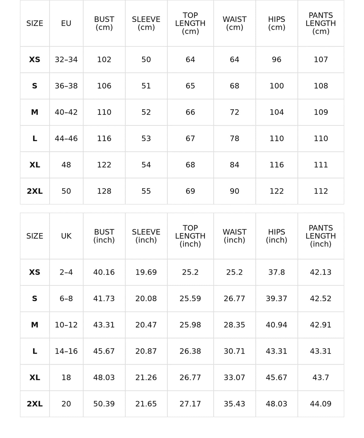 Size chart for the ivory round-neck top and wide-leg trousers set