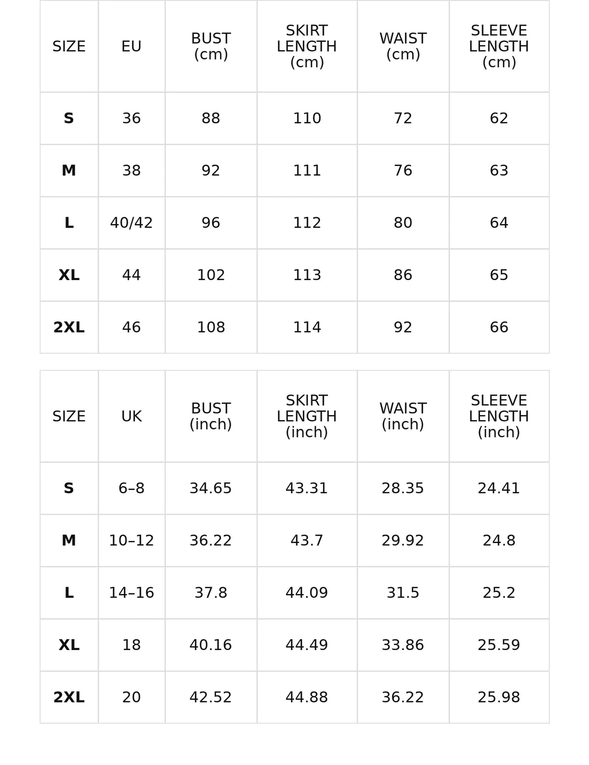 Size chart for the knit midi dress with high neck, v-neckline and belt