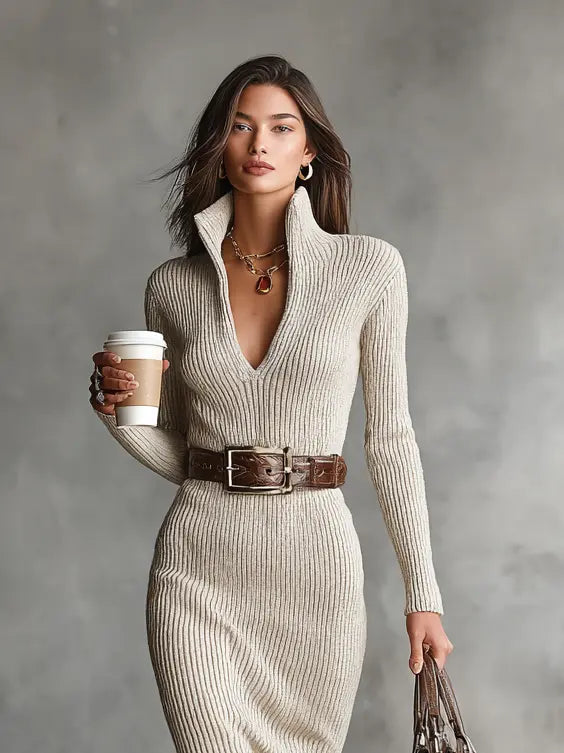 Black knit midi dress with belt