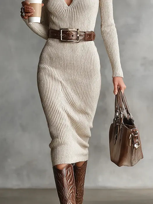 Red knit midi dress with half-high neck