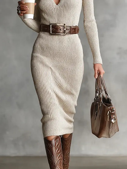 Red knit midi dress with half-high neck