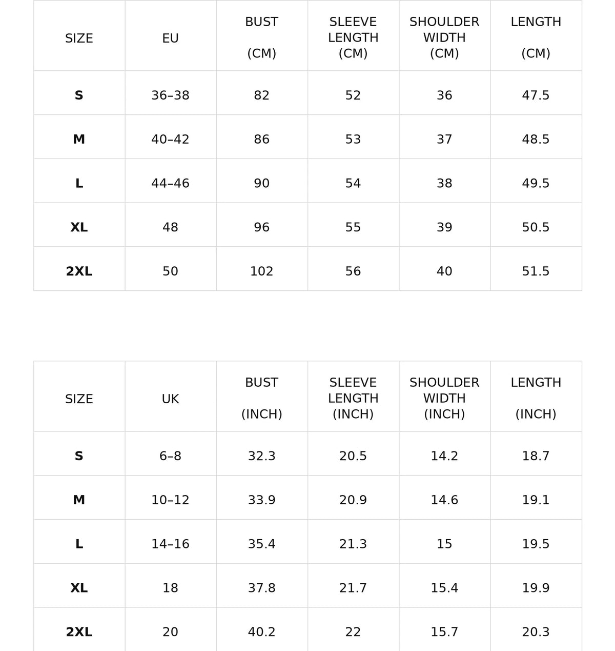 Size chart for lace-sleeve tailored blazer