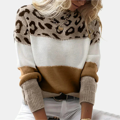 Women's leopard print color-block sweater, brown, front view