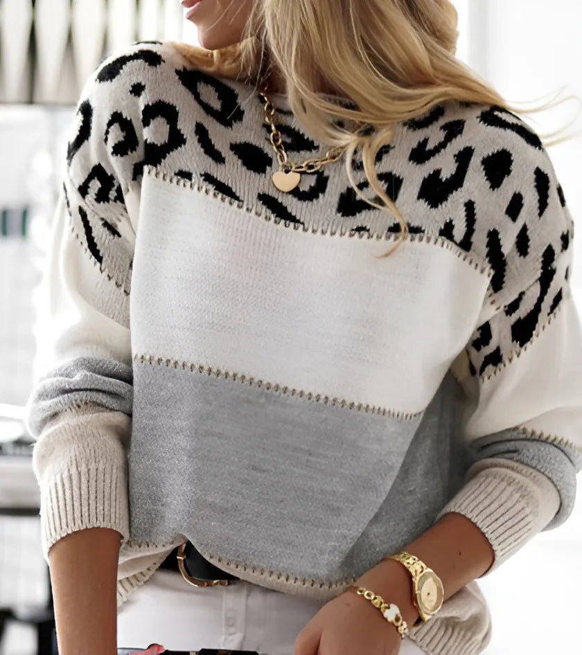 Women's leopard print color-block sweater, grey, front view
