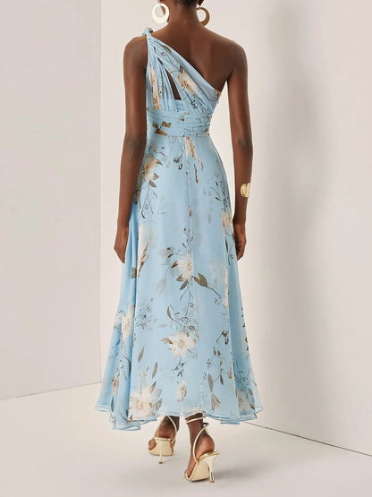 Women's light blue floral one-shoulder maxi dress, back view