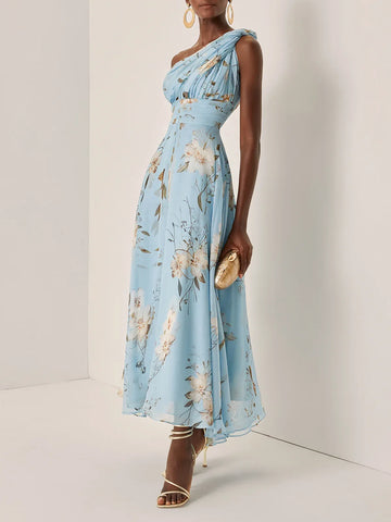 Women's light blue floral one-shoulder maxi dress, front view
