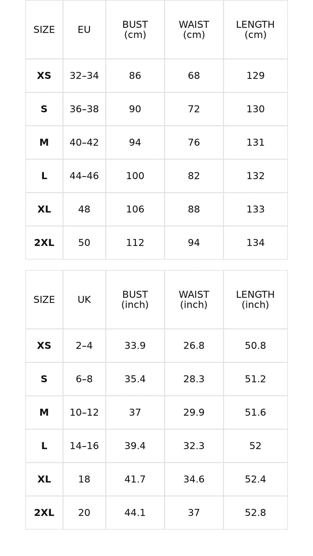 Size chart for the light blue floral one-shoulder maxi dress