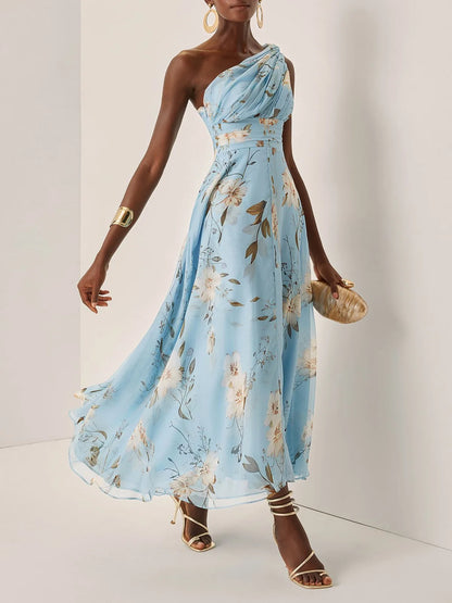 Women's light blue floral one-shoulder maxi dress, skirt in motion