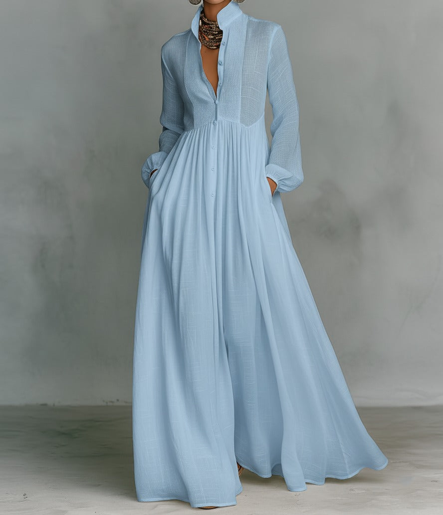 Light blue minimalist cotton-linen maxi dress with mao collar