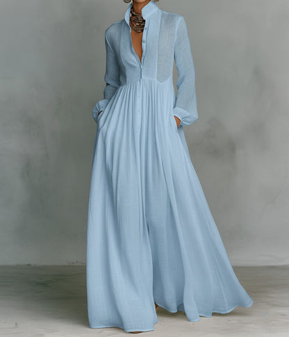 Light blue minimalist cotton-linen maxi dress with mao collar