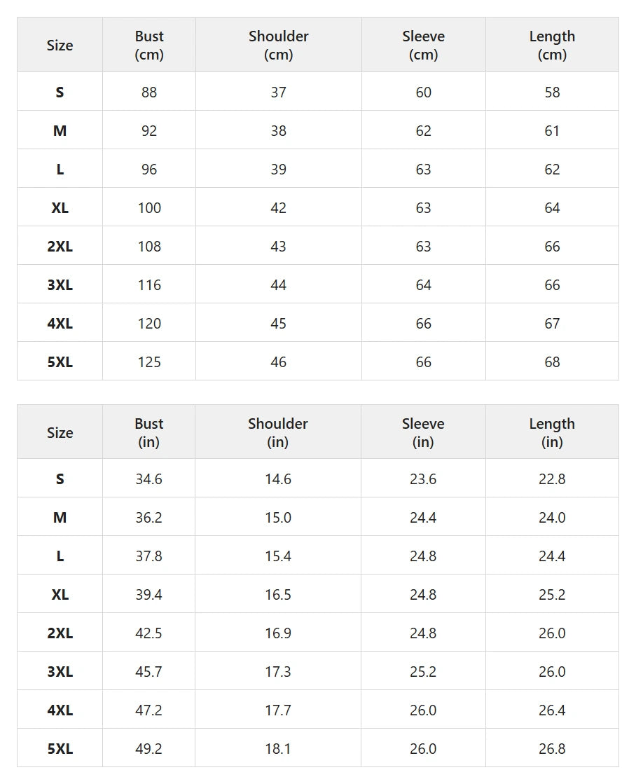 Size chart for lightweight hooded puffer jacket