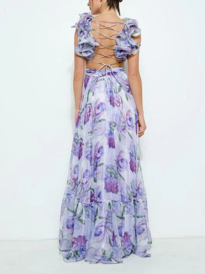 Women's lilac floral maxi dress with open back and short sleeves, back view with open back