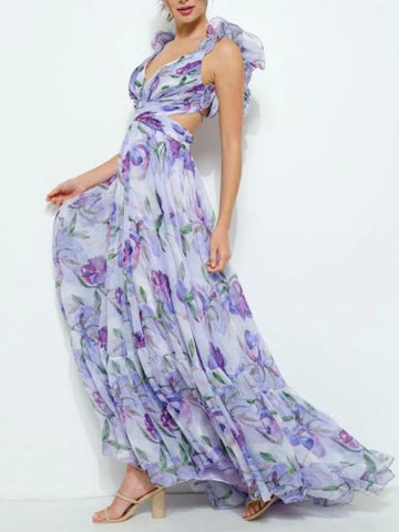 Women's lilac floral maxi dress with open back and short sleeves, front view with skirt in motion
