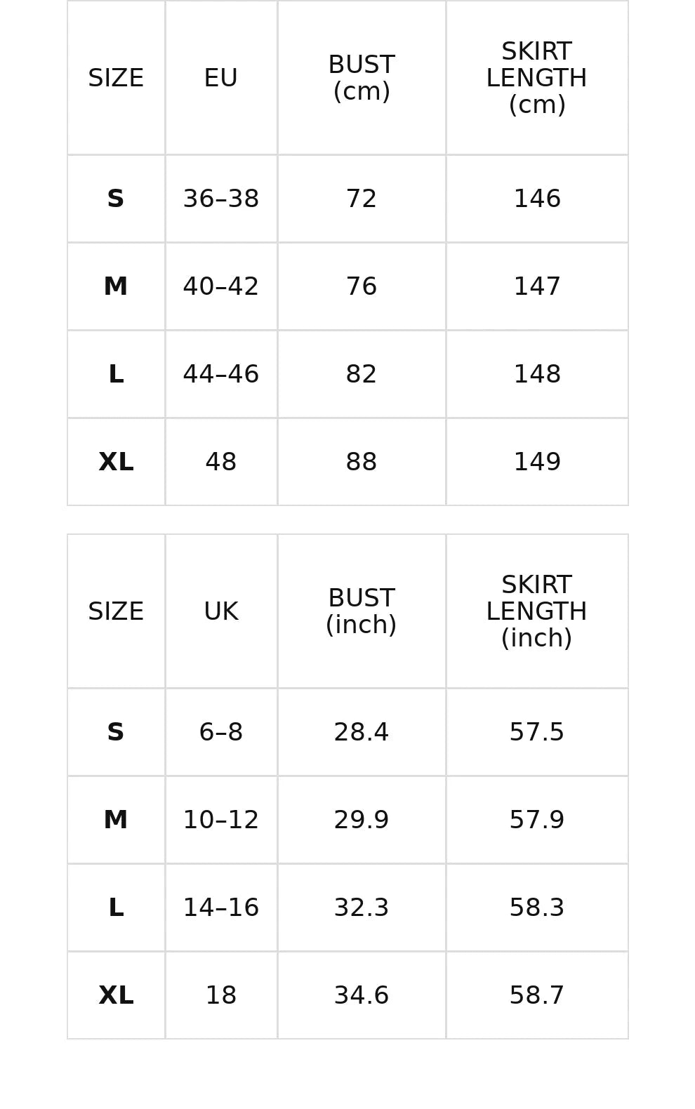 Size chart for the lilac floral maxi dress with open back and short sleeves