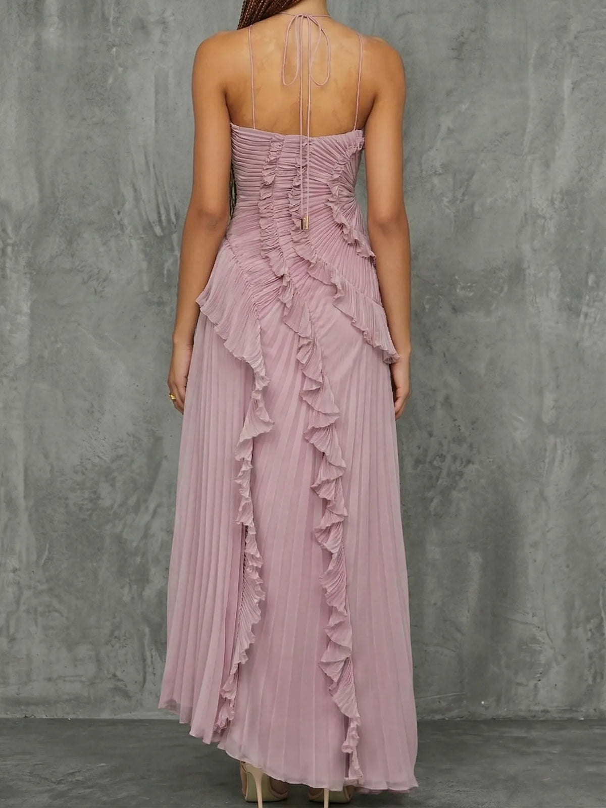 Women's lilac halter maxi dress with ruffles and asymmetric skirt, front view, full length